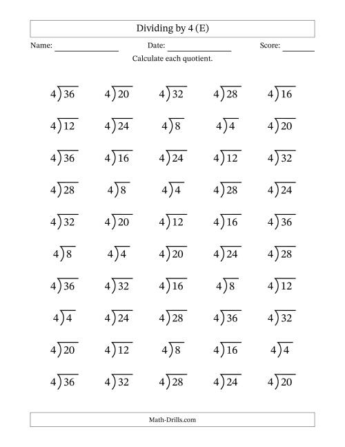 The Division Facts by a Fixed Divisor (4) and Quotients from 1 to 9 with Long Division Symbol/Bracket (50 questions) (E) Math Worksheet
