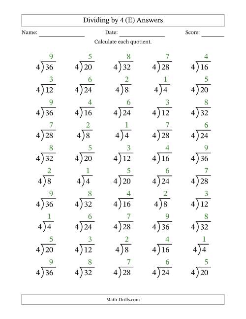 The Division Facts by a Fixed Divisor (4) and Quotients from 1 to 9 with Long Division Symbol/Bracket (50 questions) (E) Math Worksheet Page 2