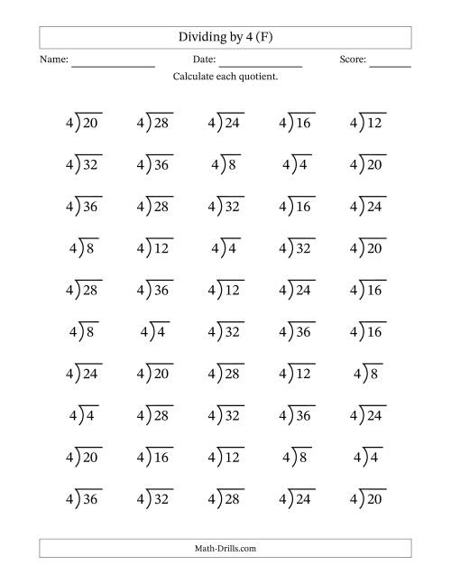 The Division Facts by a Fixed Divisor (4) and Quotients from 1 to 9 with Long Division Symbol/Bracket (50 questions) (F) Math Worksheet