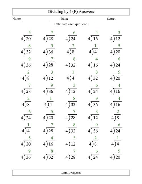 The Division Facts by a Fixed Divisor (4) and Quotients from 1 to 9 with Long Division Symbol/Bracket (50 questions) (F) Math Worksheet Page 2