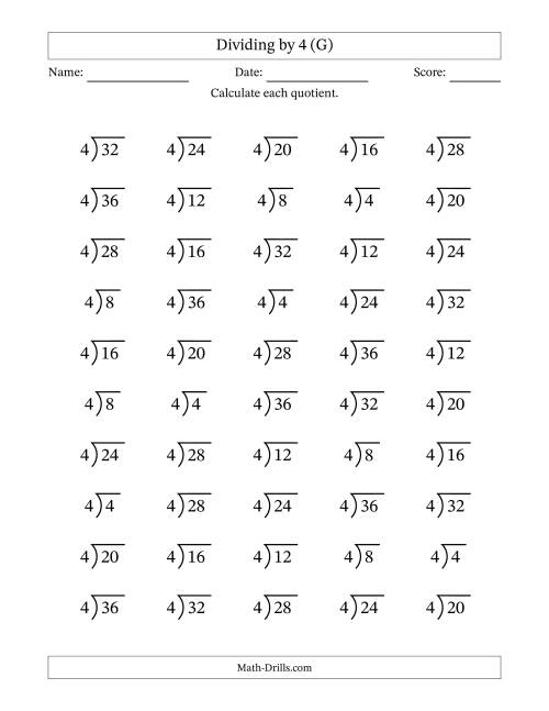 The Division Facts by a Fixed Divisor (4) and Quotients from 1 to 9 with Long Division Symbol/Bracket (50 questions) (G) Math Worksheet