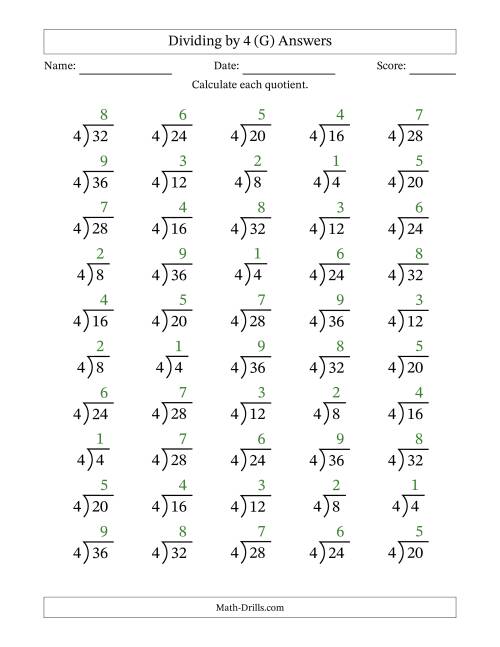 The Division Facts by a Fixed Divisor (4) and Quotients from 1 to 9 with Long Division Symbol/Bracket (50 questions) (G) Math Worksheet Page 2