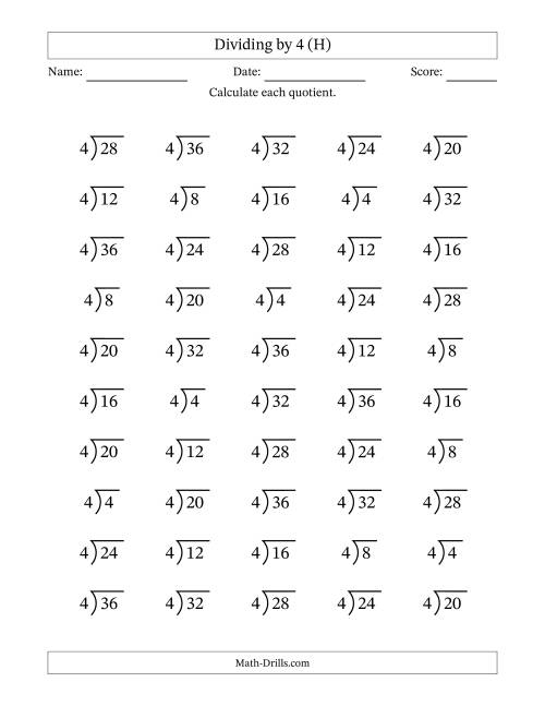 The Division Facts by a Fixed Divisor (4) and Quotients from 1 to 9 with Long Division Symbol/Bracket (50 questions) (H) Math Worksheet