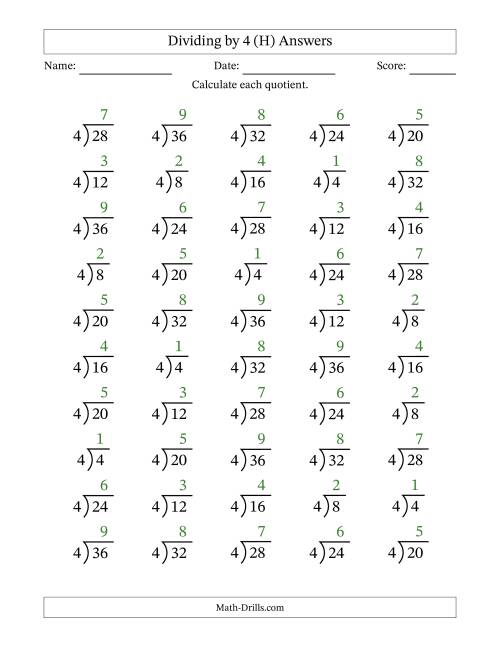 The Division Facts by a Fixed Divisor (4) and Quotients from 1 to 9 with Long Division Symbol/Bracket (50 questions) (H) Math Worksheet Page 2