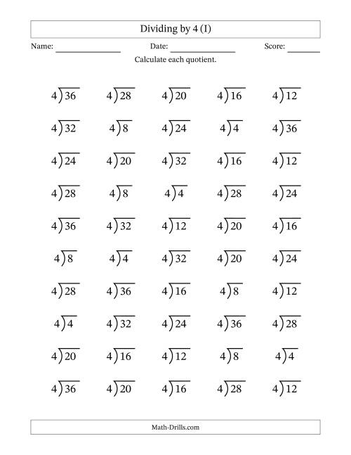 The Division Facts by a Fixed Divisor (4) and Quotients from 1 to 9 with Long Division Symbol/Bracket (50 questions) (I) Math Worksheet