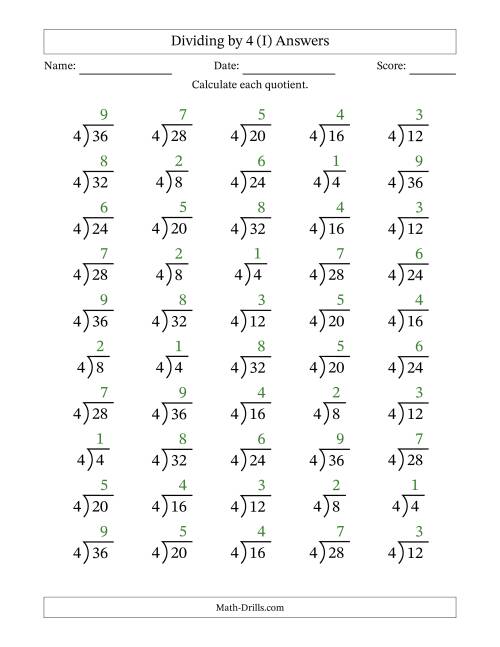 The Division Facts by a Fixed Divisor (4) and Quotients from 1 to 9 with Long Division Symbol/Bracket (50 questions) (I) Math Worksheet Page 2