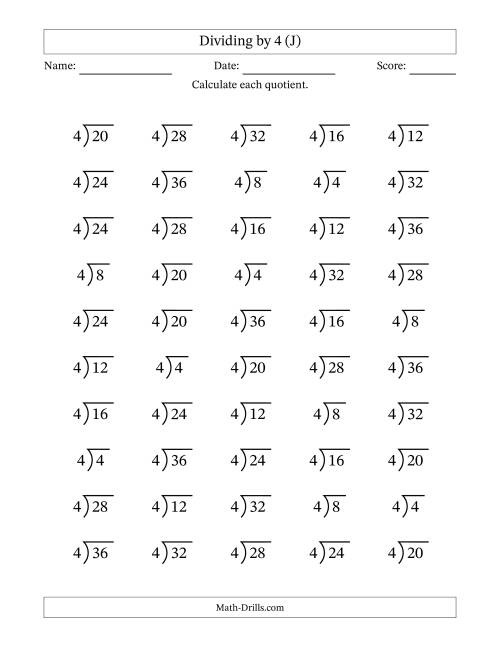 The Division Facts by a Fixed Divisor (4) and Quotients from 1 to 9 with Long Division Symbol/Bracket (50 questions) (J) Math Worksheet