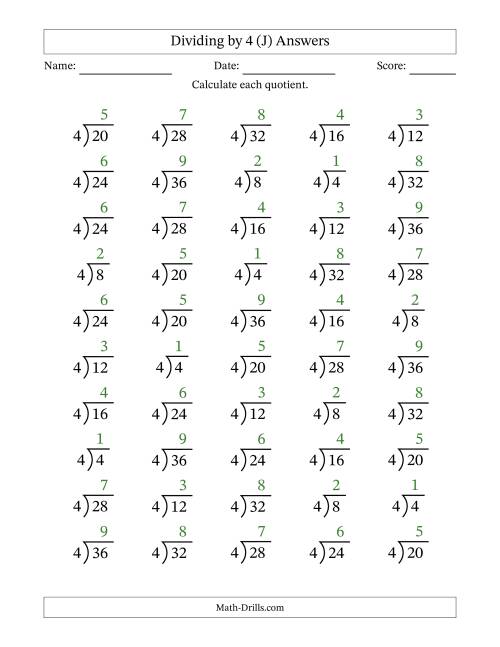 The Division Facts by a Fixed Divisor (4) and Quotients from 1 to 9 with Long Division Symbol/Bracket (50 questions) (J) Math Worksheet Page 2