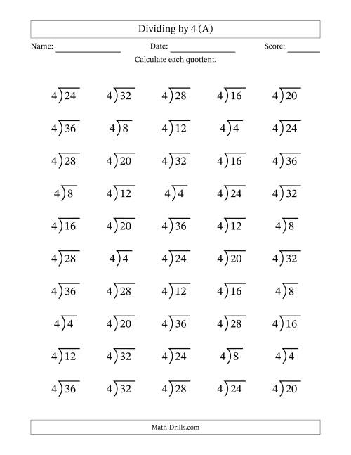 The Division Facts by a Fixed Divisor (4) and Quotients from 1 to 9 with Long Division Symbol/Bracket (50 questions) (All) Math Worksheet