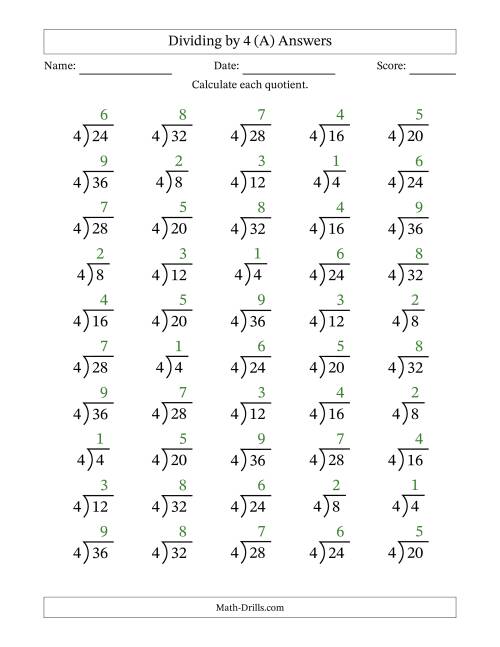 The Division Facts by a Fixed Divisor (4) and Quotients from 1 to 9 with Long Division Symbol/Bracket (50 questions) (All) Math Worksheet Page 2