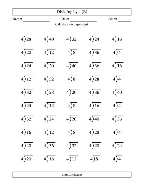 The Division Facts by a Fixed Divisor (4) and Quotients from 1 to 10 with Long Division Symbol/Bracket (50 questions) (B) Math Worksheet