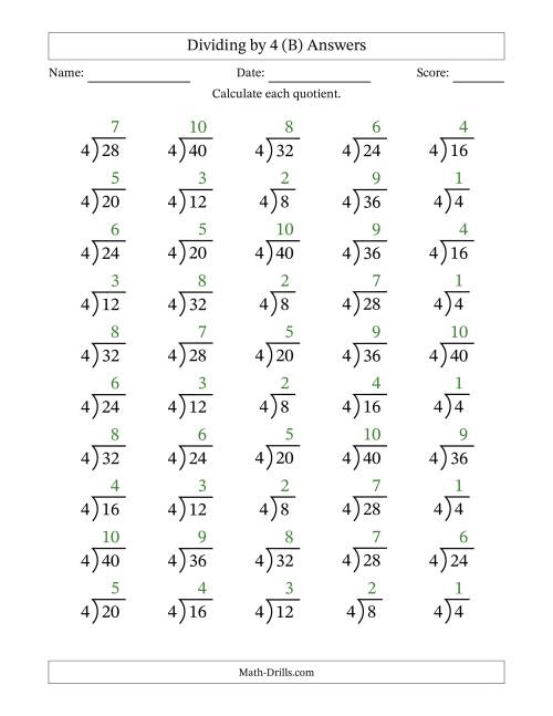 The Division Facts by a Fixed Divisor (4) and Quotients from 1 to 10 with Long Division Symbol/Bracket (50 questions) (B) Math Worksheet Page 2