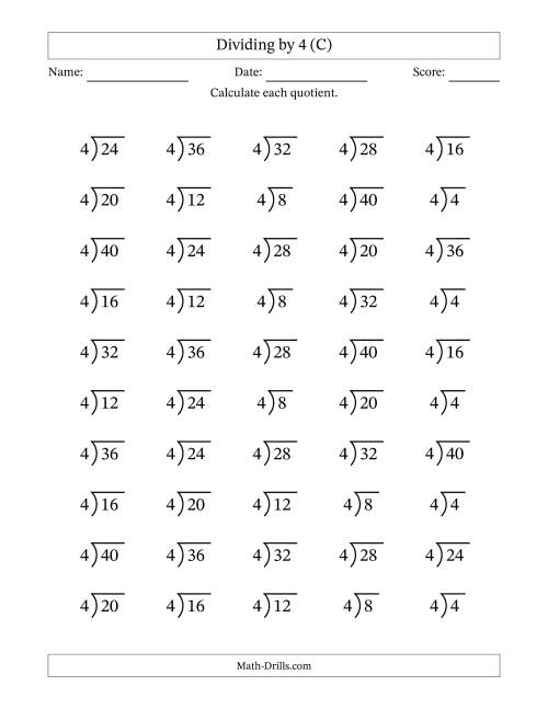 The Division Facts by a Fixed Divisor (4) and Quotients from 1 to 10 with Long Division Symbol/Bracket (50 questions) (C) Math Worksheet