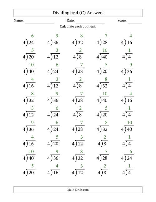 The Division Facts by a Fixed Divisor (4) and Quotients from 1 to 10 with Long Division Symbol/Bracket (50 questions) (C) Math Worksheet Page 2