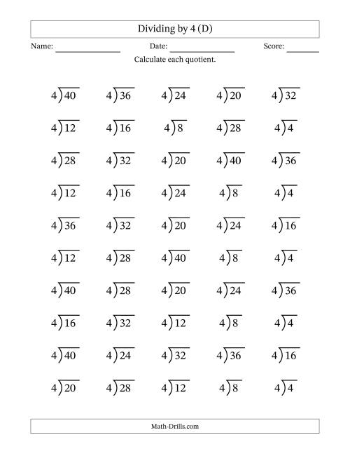 The Division Facts by a Fixed Divisor (4) and Quotients from 1 to 10 with Long Division Symbol/Bracket (50 questions) (D) Math Worksheet