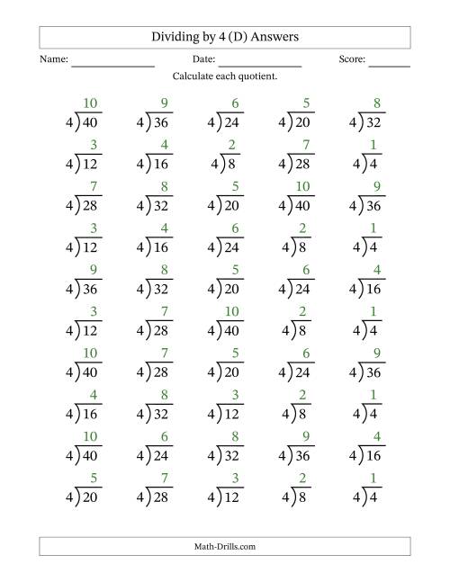 The Division Facts by a Fixed Divisor (4) and Quotients from 1 to 10 with Long Division Symbol/Bracket (50 questions) (D) Math Worksheet Page 2