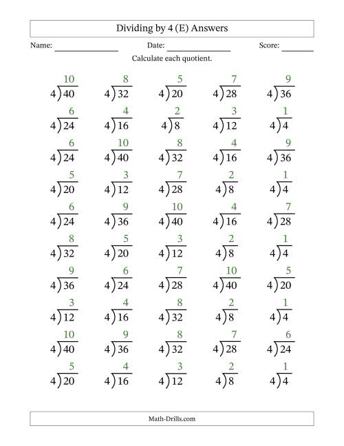 The Division Facts by a Fixed Divisor (4) and Quotients from 1 to 10 with Long Division Symbol/Bracket (50 questions) (E) Math Worksheet Page 2