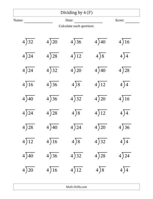 The Division Facts by a Fixed Divisor (4) and Quotients from 1 to 10 with Long Division Symbol/Bracket (50 questions) (F) Math Worksheet