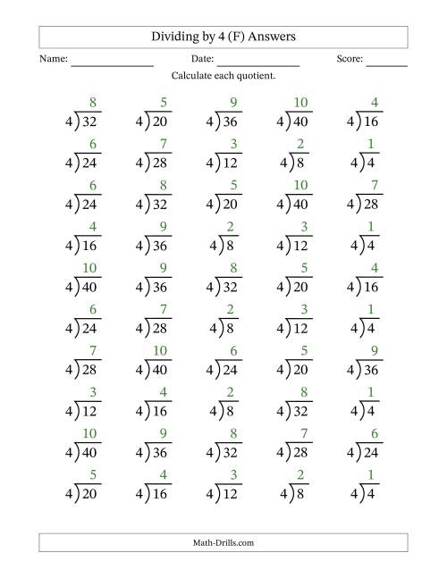 The Division Facts by a Fixed Divisor (4) and Quotients from 1 to 10 with Long Division Symbol/Bracket (50 questions) (F) Math Worksheet Page 2
