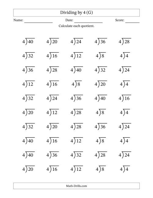 The Division Facts by a Fixed Divisor (4) and Quotients from 1 to 10 with Long Division Symbol/Bracket (50 questions) (G) Math Worksheet
