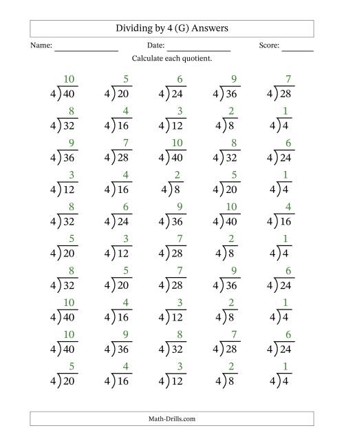 The Division Facts by a Fixed Divisor (4) and Quotients from 1 to 10 with Long Division Symbol/Bracket (50 questions) (G) Math Worksheet Page 2
