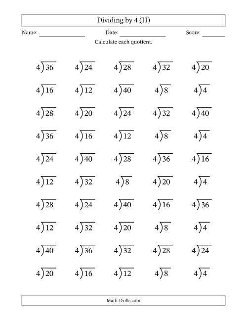 The Division Facts by a Fixed Divisor (4) and Quotients from 1 to 10 with Long Division Symbol/Bracket (50 questions) (H) Math Worksheet