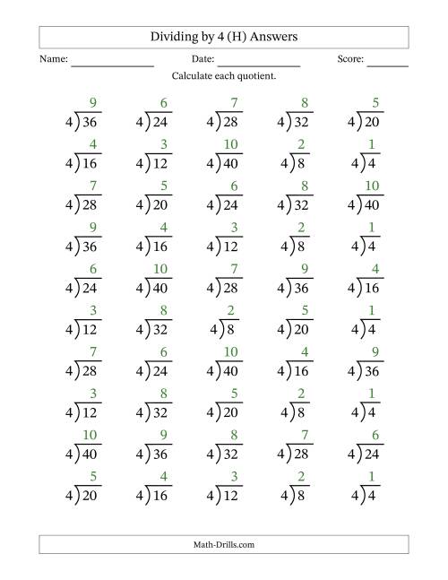 The Division Facts by a Fixed Divisor (4) and Quotients from 1 to 10 with Long Division Symbol/Bracket (50 questions) (H) Math Worksheet Page 2