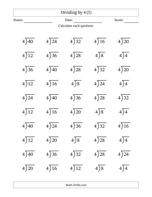 The Division Facts by a Fixed Divisor (4) and Quotients from 1 to 10 with Long Division Symbol/Bracket (50 questions) (I) Math Worksheet