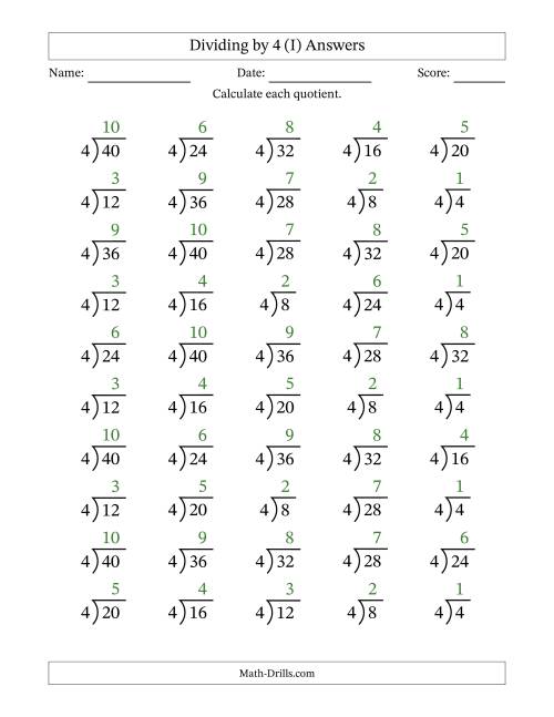 The Division Facts by a Fixed Divisor (4) and Quotients from 1 to 10 with Long Division Symbol/Bracket (50 questions) (I) Math Worksheet Page 2