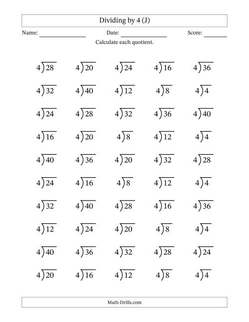 The Division Facts by a Fixed Divisor (4) and Quotients from 1 to 10 with Long Division Symbol/Bracket (50 questions) (J) Math Worksheet