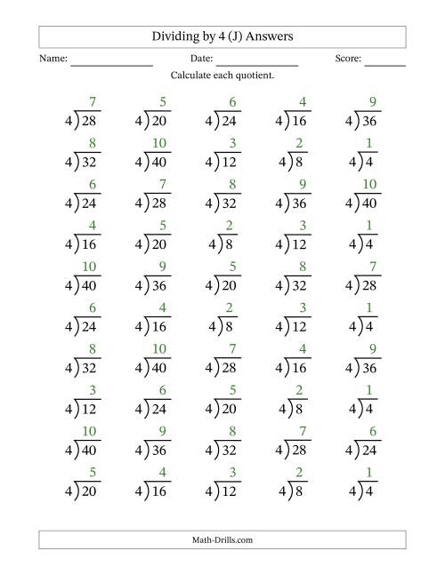 The Division Facts by a Fixed Divisor (4) and Quotients from 1 to 10 with Long Division Symbol/Bracket (50 questions) (J) Math Worksheet Page 2