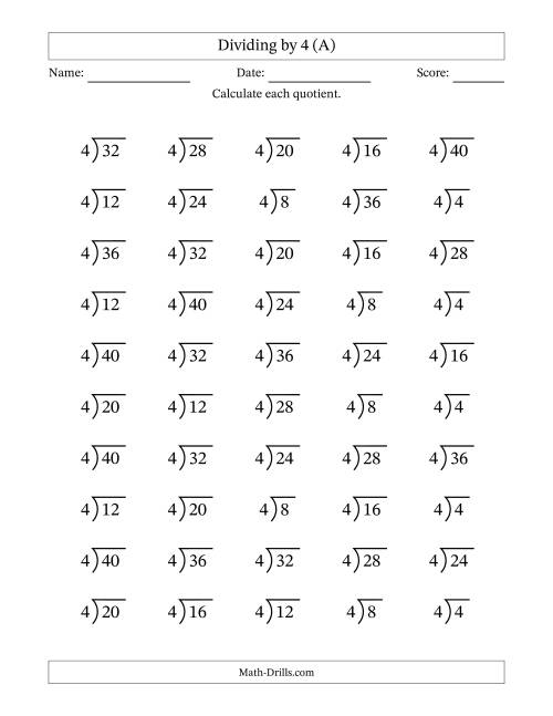 The Division Facts by a Fixed Divisor (4) and Quotients from 1 to 10 with Long Division Symbol/Bracket (50 questions) (All) Math Worksheet