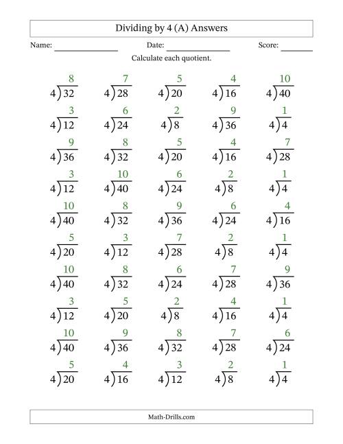 The Division Facts by a Fixed Divisor (4) and Quotients from 1 to 10 with Long Division Symbol/Bracket (50 questions) (All) Math Worksheet Page 2
