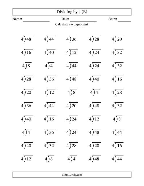 The Division Facts by a Fixed Divisor (4) and Quotients from 1 to 12 with Long Division Symbol/Bracket (50 questions) (B) Math Worksheet
