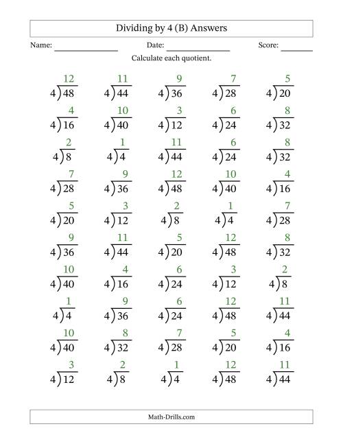 The Division Facts by a Fixed Divisor (4) and Quotients from 1 to 12 with Long Division Symbol/Bracket (50 questions) (B) Math Worksheet Page 2