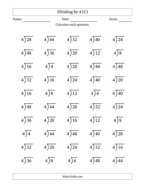 The Division Facts by a Fixed Divisor (4) and Quotients from 1 to 12 with Long Division Symbol/Bracket (50 questions) (C) Math Worksheet