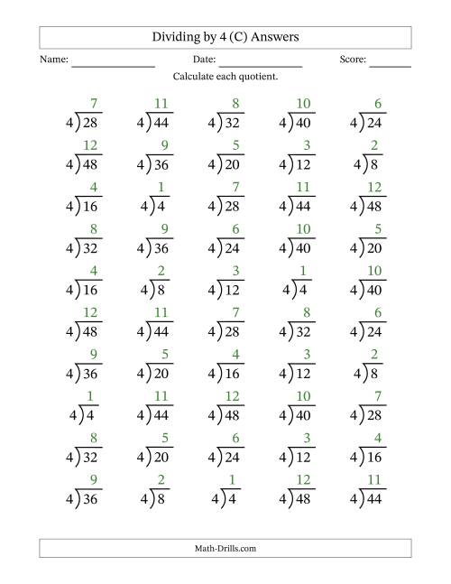 The Division Facts by a Fixed Divisor (4) and Quotients from 1 to 12 with Long Division Symbol/Bracket (50 questions) (C) Math Worksheet Page 2