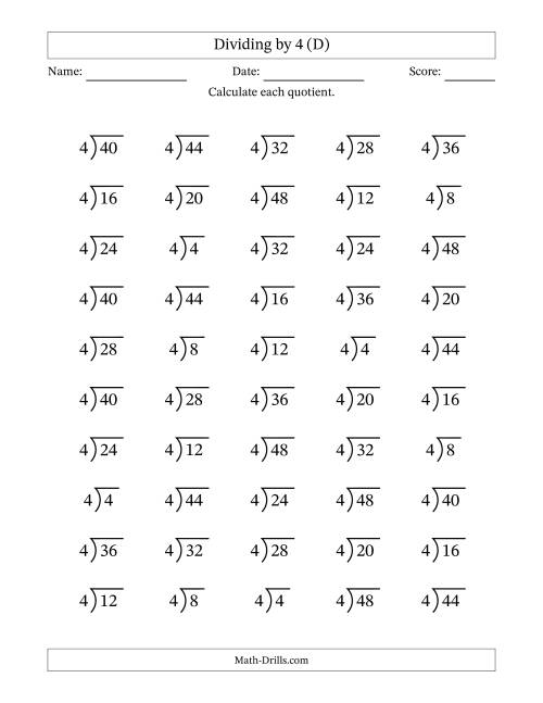 The Division Facts by a Fixed Divisor (4) and Quotients from 1 to 12 with Long Division Symbol/Bracket (50 questions) (D) Math Worksheet