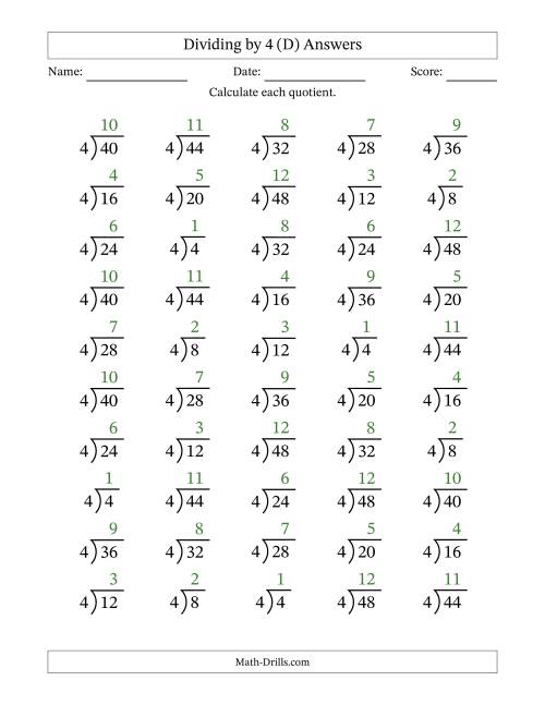 The Division Facts by a Fixed Divisor (4) and Quotients from 1 to 12 with Long Division Symbol/Bracket (50 questions) (D) Math Worksheet Page 2
