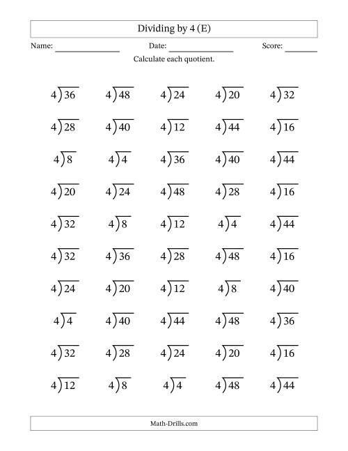 The Division Facts by a Fixed Divisor (4) and Quotients from 1 to 12 with Long Division Symbol/Bracket (50 questions) (E) Math Worksheet