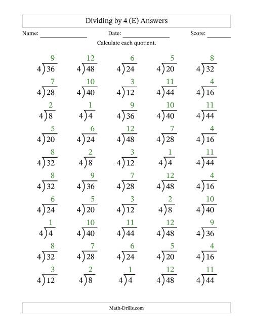 The Division Facts by a Fixed Divisor (4) and Quotients from 1 to 12 with Long Division Symbol/Bracket (50 questions) (E) Math Worksheet Page 2