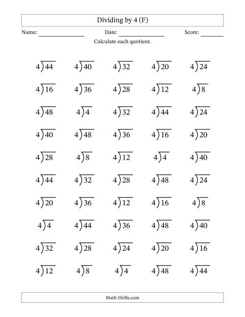 The Division Facts by a Fixed Divisor (4) and Quotients from 1 to 12 with Long Division Symbol/Bracket (50 questions) (F) Math Worksheet