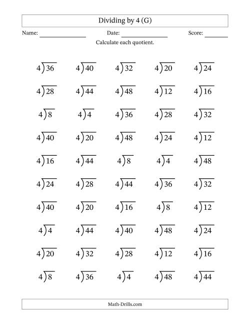 The Division Facts by a Fixed Divisor (4) and Quotients from 1 to 12 with Long Division Symbol/Bracket (50 questions) (G) Math Worksheet