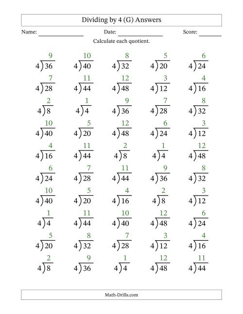 The Division Facts by a Fixed Divisor (4) and Quotients from 1 to 12 with Long Division Symbol/Bracket (50 questions) (G) Math Worksheet Page 2