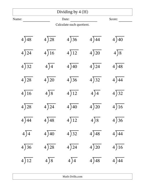 The Division Facts by a Fixed Divisor (4) and Quotients from 1 to 12 with Long Division Symbol/Bracket (50 questions) (H) Math Worksheet