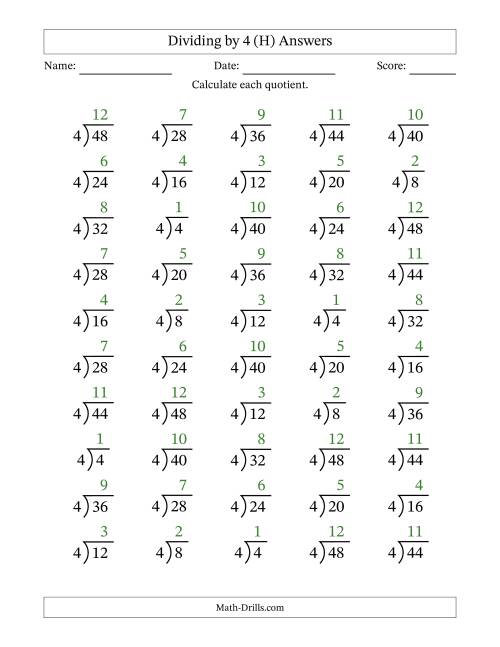 The Division Facts by a Fixed Divisor (4) and Quotients from 1 to 12 with Long Division Symbol/Bracket (50 questions) (H) Math Worksheet Page 2
