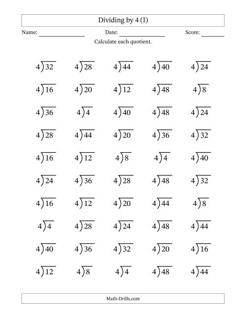 The Division Facts by a Fixed Divisor (4) and Quotients from 1 to 12 with Long Division Symbol/Bracket (50 questions) (I) Math Worksheet