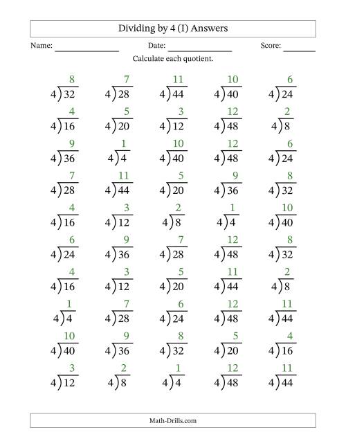 The Division Facts by a Fixed Divisor (4) and Quotients from 1 to 12 with Long Division Symbol/Bracket (50 questions) (I) Math Worksheet Page 2