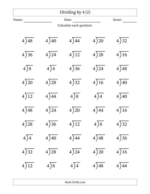 The Division Facts by a Fixed Divisor (4) and Quotients from 1 to 12 with Long Division Symbol/Bracket (50 questions) (J) Math Worksheet