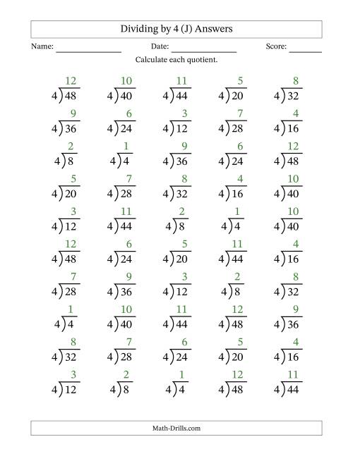 The Division Facts by a Fixed Divisor (4) and Quotients from 1 to 12 with Long Division Symbol/Bracket (50 questions) (J) Math Worksheet Page 2